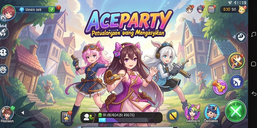 Tampilan screenshot utama ACEPARTY dengan karakter anime aktif dalam pertempuran.