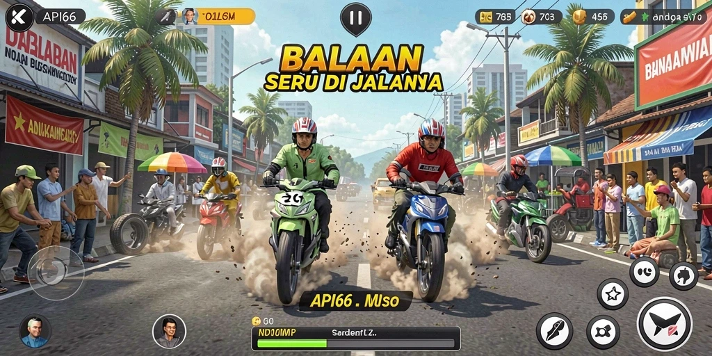 Gameplay seru balapan dengan kendaraan cepat dan trek menantang.