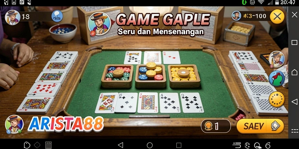 Screenshot gameplay ARISTA88 menunjukkan suasana permainan Gaple yang menyenangkan.
