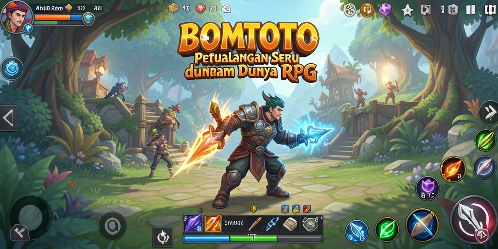 Screenshot utama menampilkan pertarungan seru dalam dunia RPG BOMTOTO.
