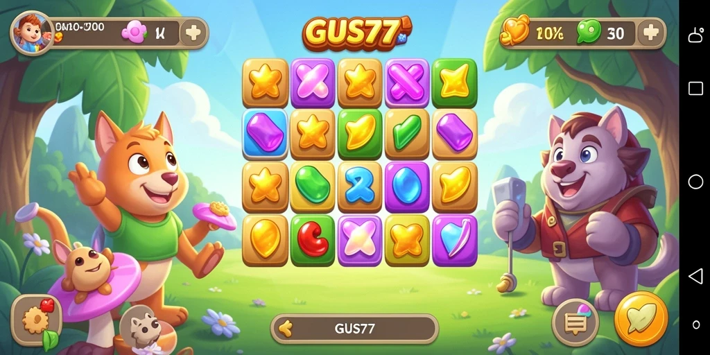 Screenshot utama GUS77 menampilkan gameplay Match-3 yang seru.