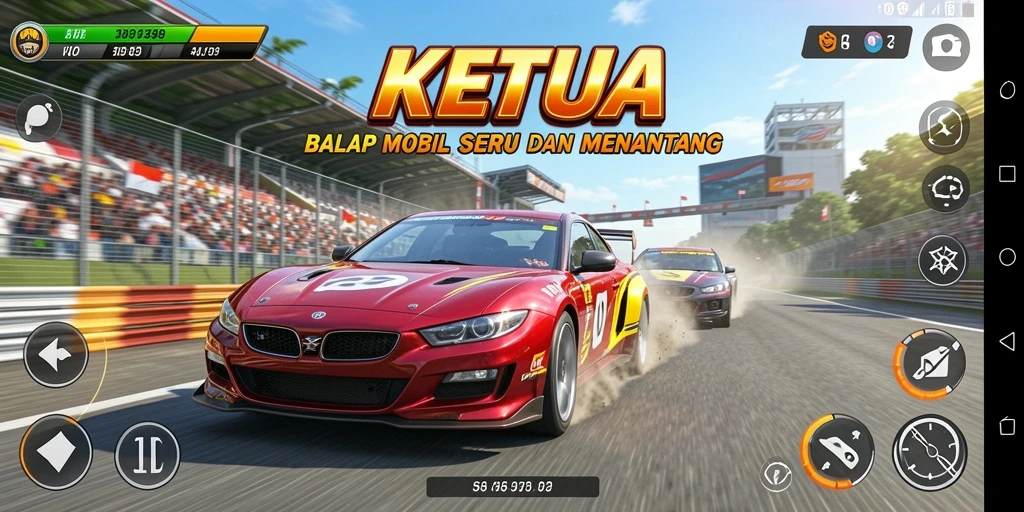 Tampilan screenshot utama KETUA menampilkan aksi balapan yang mendebarkan.