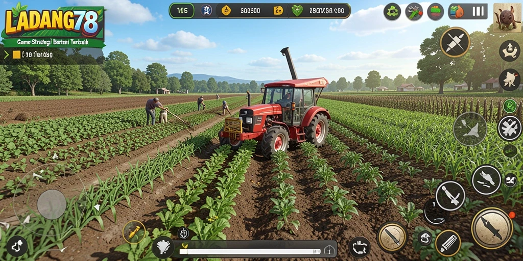 Screenshot utama LADANG78 menampilkan gameplay pertanian yang seru.