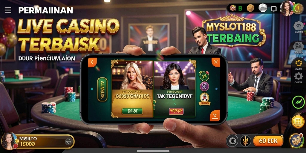 Deskripsi gameplay MYSLOT188 yang menampilkan dealer langsung di Live Casino.