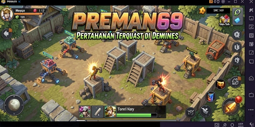 Tangkapan layar utama PREMAN69 menampilkan aksi gameplay strategis Tower Defense.