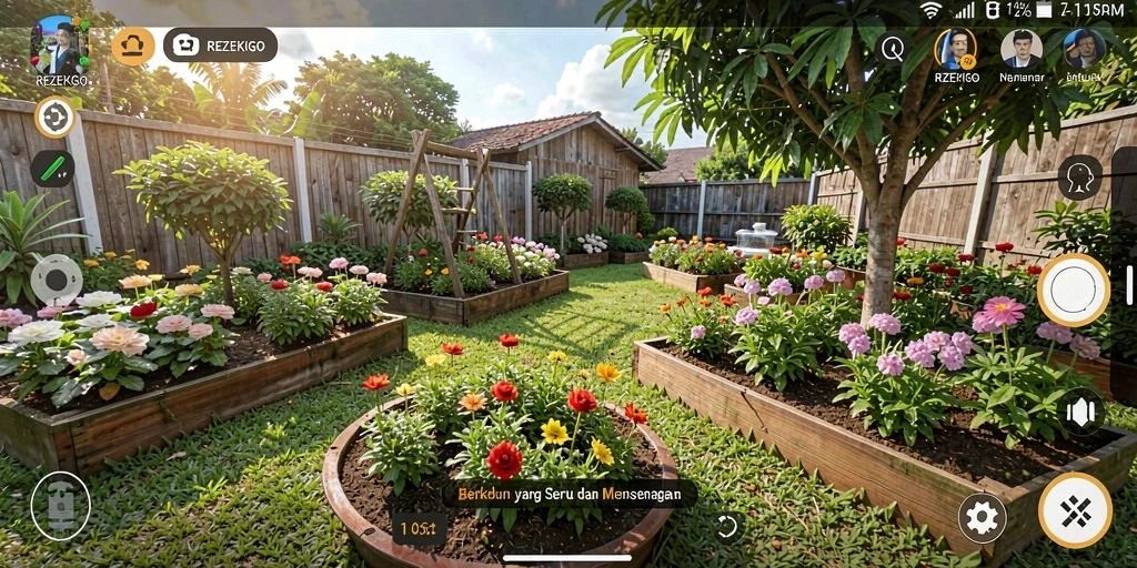 Screenshot utama REZEKIGO menampilkan kebun yang rimbun dan interaksi pemain.